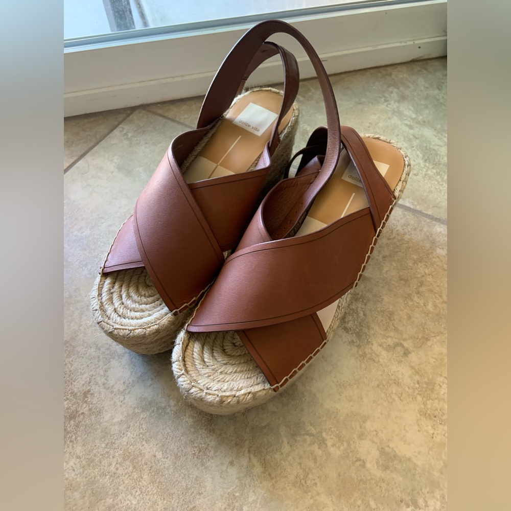 Dolce Vita Brown leather platform wedge sandals.
